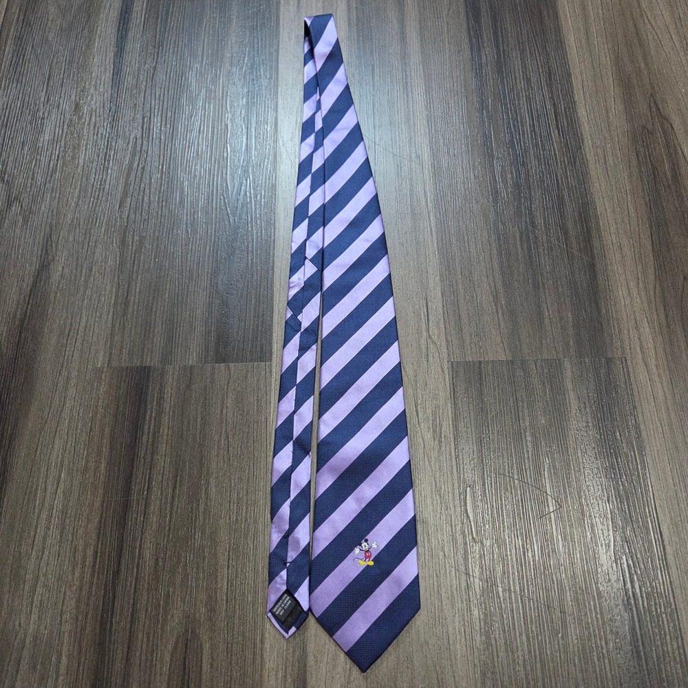 Walt Disney World Mickey Mouse Striped Tie Navy Purple Silk Blend Mens Necktie - Picture 1 of 5